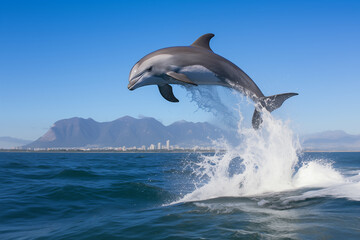 Beautiful grey dolphin jumping above water. Generative AI