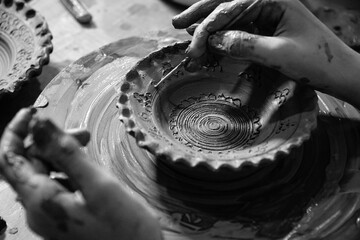 Pottery. The oldest trade from Daco-Roman times. Hands dirty with clay. Ceramics. Modeling in clay. Color and black-and-white detail photos.
