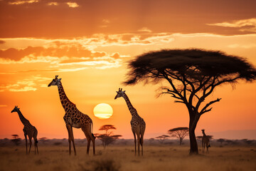 Fototapeta na wymiar Giraffes silhouettes walking nearly tree at sunset. Generative AI