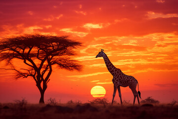 Giraffe silhouette walking nearly tree at sunset. Generative AI