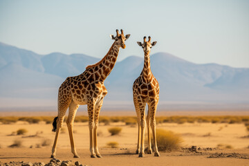 Two young giraffes standing in savannah. Generative AI - obrazy, fototapety, plakaty
