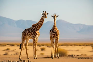 Schilderijen op glas Two young giraffes standing in savannah. Generative AI © Nomad_Soul