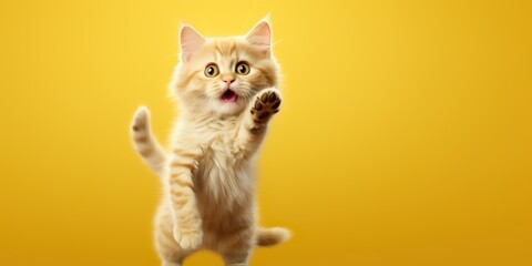 Cheerful fluffy cat character standing and waving, on a sunny yellow studio backdrop