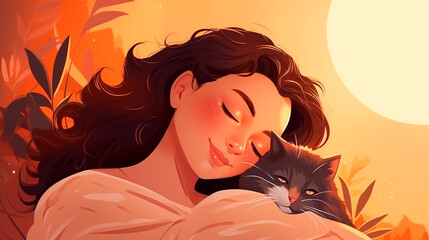 Sleeping girl with a cat, stylized image with elements of plants, dreams. A girl sleeps in the rays of the sun, dawn. The concept of comfort and healthy sleep