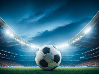 A weathered soccer ball sits at the heart of a grand stadium