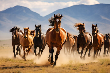 Group of horses running in field together. Generative AI