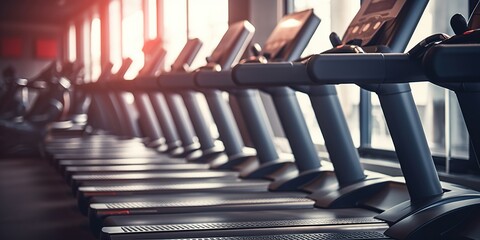 Close-up of a row of treadmills in a gym, showcasing the cardio section, with copy space for fitness messages - obrazy, fototapety, plakaty
