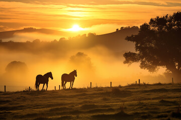 Young horses walking in fog at sunset. Generative AI