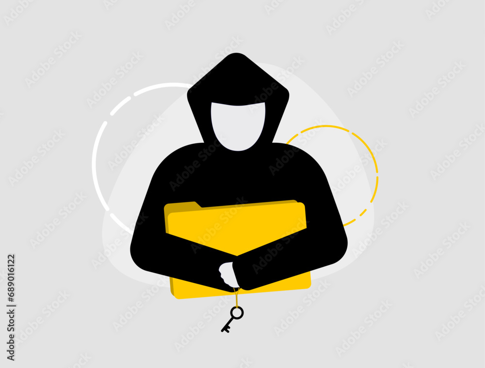 Poster ransomware program, encryptor of personal files. hacker in black hoodie holds folder icon with perso