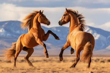 Obraz na płótnie Canvas Jumping brown and white stallions in field. Generative AI