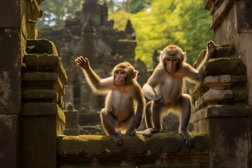 Monkeys in ruins of antique temple. Generative AI