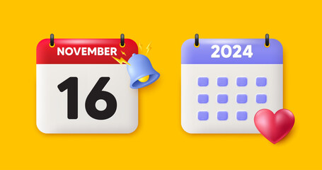 Calendar date 3d icon. 16th day of the month icon. Event schedule date. Meeting appointment time. 16th day of November month. Calendar event reminder date. Vector