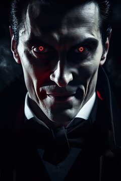 Close-up of Dracula with piercing red eyes and a sinister smile, against a full moon
