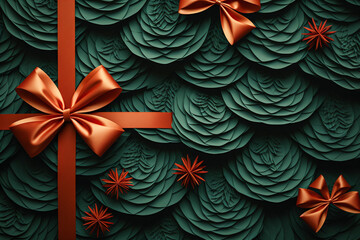 Fototapeta premium Dark green Christmas gift with red ribbon.