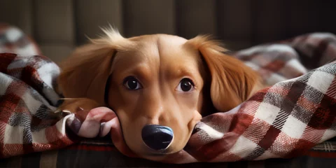 Foto op Aluminium Adorable puppy hidden and peeking from blanket, peaceful dog sleep on the bed, golden retriever dog plaid blanket cold weather friendly cared, generative AI © Imtiaz