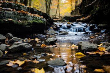 Fototapeta na wymiar Flow of a mountain stream in the autumn forest