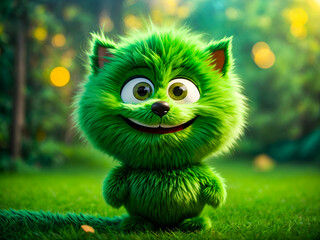 cheerful, green, furry cartoon character