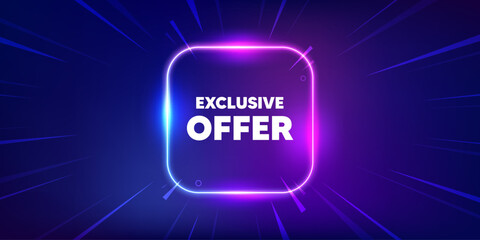 Exclusive offer tag. Neon light frame box banner. Sale price sign. Advertising discounts symbol. Exclusive offer neon light frame message. Vector