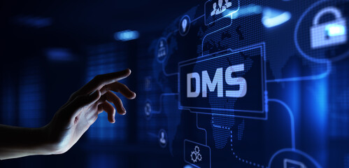 DMS Document management system business automation technology concept. Hand pressing button on...