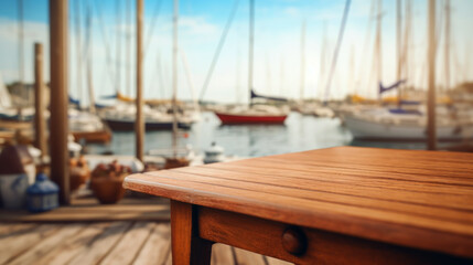 Wooden table at a harbor with boats in the background. Product display concept.