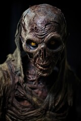 Close-up portrait of a zombie with hollow eyes and decaying skin, in a dark, eerie setting