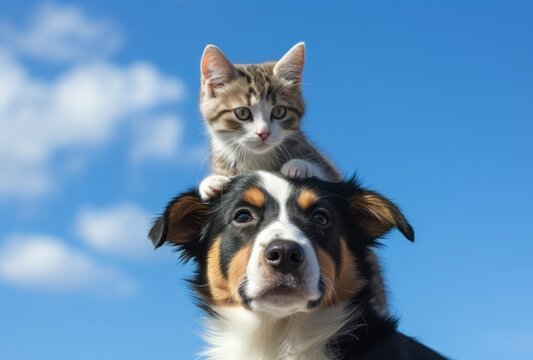 puppy sits on a cat's back, over blue background, in the style of light sky-blue and dark gray, melds mexican and american cultures, creative commons attribution, uhd image, lively interiors