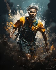 soccer players are in the air as they try to kick a soccer ball, in the style of joel rea, joÃ£o artur da silva, dark teal and light yellow, soggy, photo montage, strong emotional impact, ferrania p30 - obrazy, fototapety, plakaty