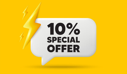 10 percent discount offer tag. 3d speech bubble banner with power energy. Sale price promo sign. Special offer symbol. Discount chat speech message. 3d offer talk box. Vector