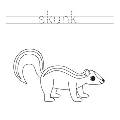 Trace the letters and color cartoon skunk. Handwriting practice for kids.