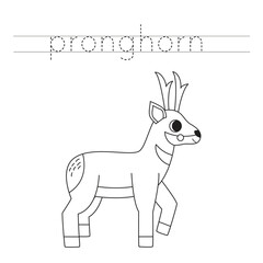 Trace the letters and color cartoon pronghorn. Handwriting practice for kids.