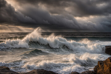 Fototapeta premium The sea waves were raging and dark clouds were in the sky. But there was a little light shining through