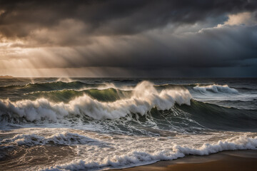 Obraz premium The sea waves were raging and dark clouds were in the sky. But there was a little light shining through