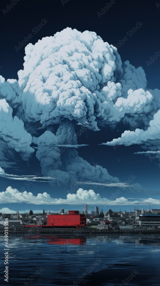 Poster A large cloud of smoke is seen over a city, AI