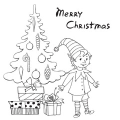 Greeting card, coloring with Christmas elf under decorated xmas tree, gift boxes. Vector hand drawn contour doodle. Matinee in kindergarten