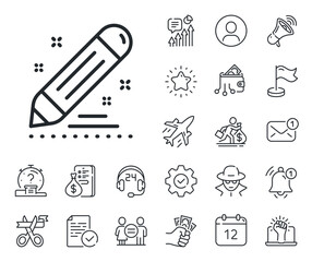 Pencil sign. Salaryman, gender equality and alert bell outline icons. Brand contract line icon. Edit social marketing report symbol. Brand contract line sign. Spy or profile placeholder icon. Vector