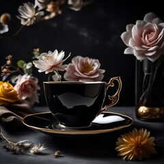 Fototapeta na wymiar black cup of coffee and flowers