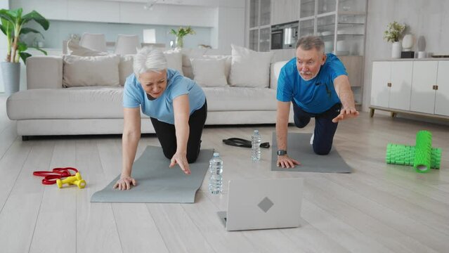Happy senior couple doing pilates stretching exercise together synchronously at home on mats. Man woman training together online on laptop. Home fitness, stretching, slow training, sport concept.