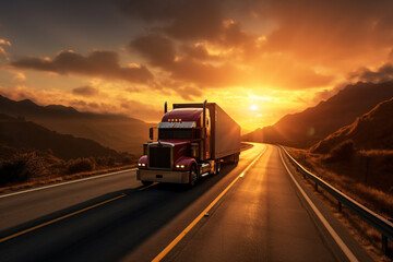 An American truck on the road during sunset