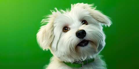 Curious fluffy dog cartoon character tilting its head, on a bright green studio background
