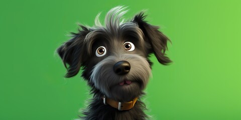 Curious fluffy dog cartoon character tilting its head, on a bright green studio background