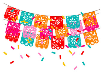 paper garland mexican. multi colored template with hanging traditional Mexican flags. Vector stock illustration. isolated on a white background.  - obrazy, fototapety, plakaty