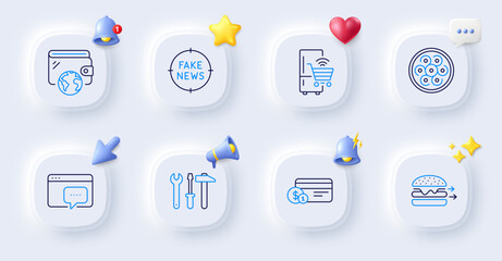 Spanner tool, Refrigerator and Payment method line icons. Buttons with 3d bell, chat speech, cursor. Pack of Wallet, Fake news, Seo message icon. Cable section, Food delivery pictogram. Vector