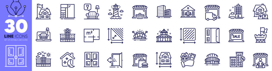 Floor plan, Lighthouse and Delivery truck line icons pack. Circus, Door, House dimension web icon. Entrance, Buying house, Open door pictogram. Cupboard, Home moving, Market sale. Vector