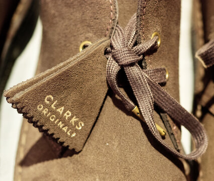 desert boot,close-up of Clark's iconic brown suede leather boot.Milan - Italy,21 November 2023