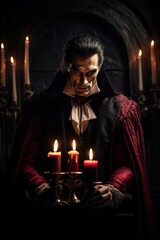Dracula in a menacing pose, showing his fangs in a candlelit Gothic chamber