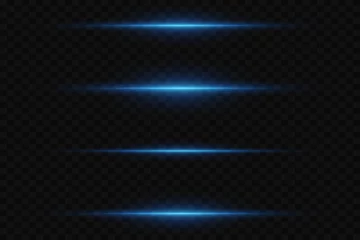 Foto op Plexiglas Horizontal light beams, glowing blue line of light, flash of blue horizontal highlights, laser beams, beautiful light flash, bright glow. © DENYS