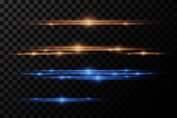 Set of horizontal effects and highlights. Laser beams, horizontal beams of light. Special effects of light and flash. Glowing stripes on a transparent background. - obrazy, fototapety, plakaty