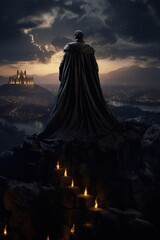 Dracula with a dramatic cape flowing, standing on a castle battlement under starry night