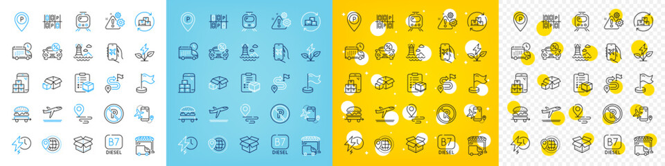 Vector icons set of Charging time, Warning and Delivery change line icons pack for web with Food delivery, Parking place, Open box outline icon. Milestone, Flights application, Train pictogram. Vector