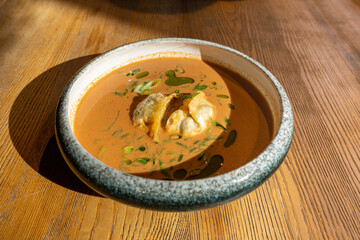 Nepalese Momo Jhol Achar Dumpling Soup, Fried Gyoza Broth, Spicy Tomato Momo Seasoned Soup